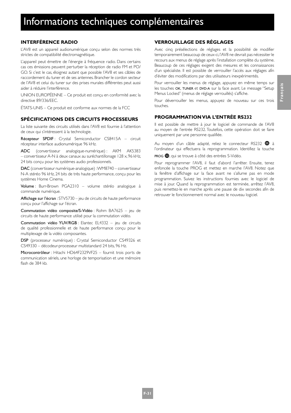 Informations techniques complémentaires, F-31 | Arcam AV8 User Manual | Page 73 / 176