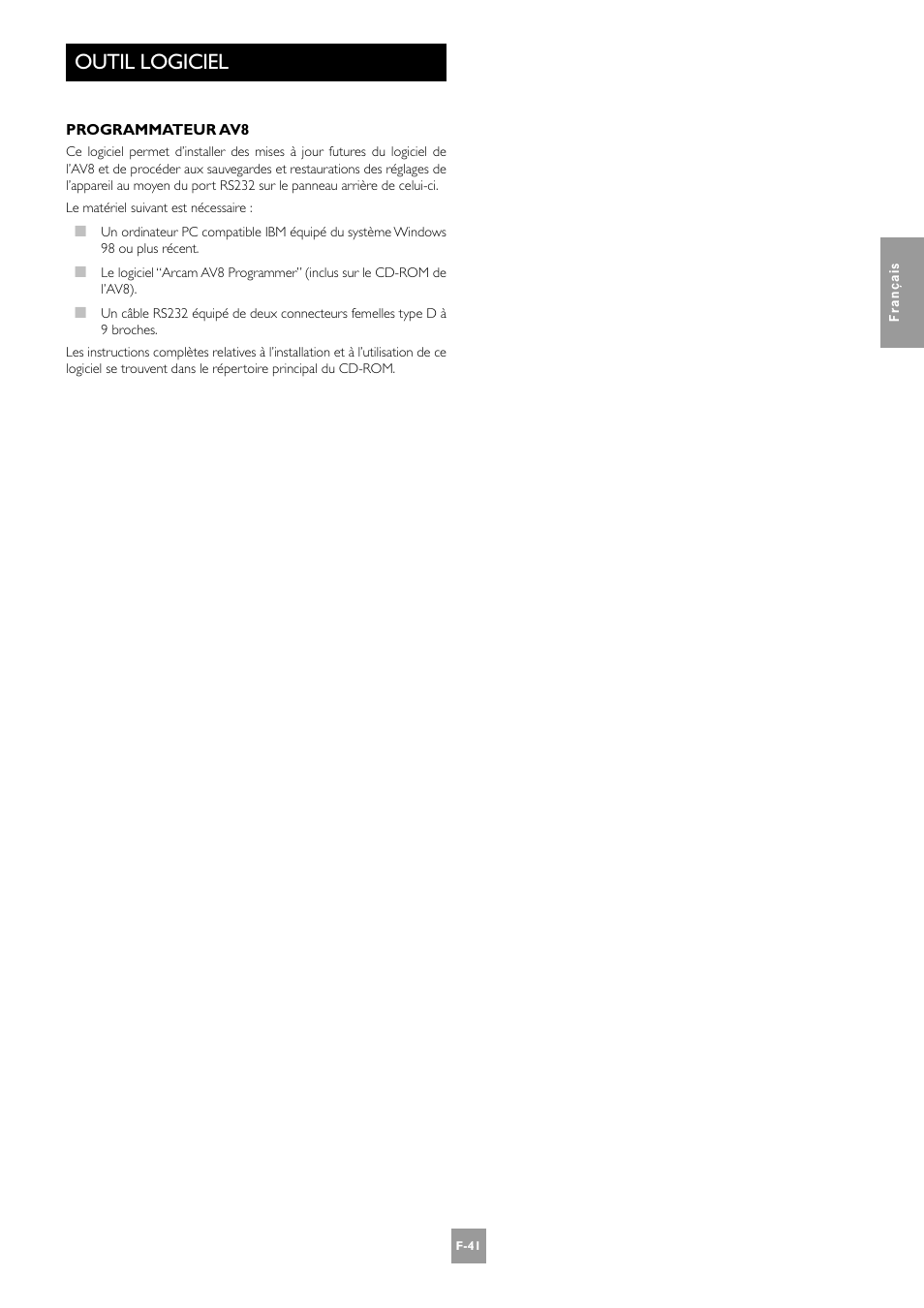 Outil logiciel, F-41 | Arcam AV8 User Manual | Page 83 / 176