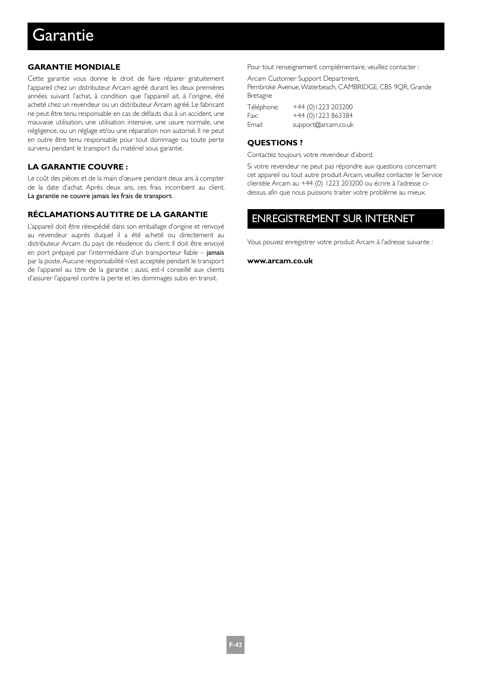 Garantie, Enregistrement sur internet, F-42 | Arcam AV8 User Manual | Page 84 / 176