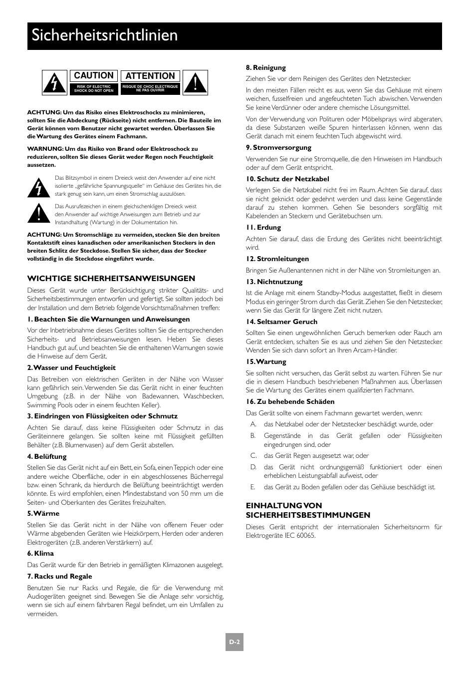 Sicherheitsrichtlinien, Attention caution | Arcam AV8 User Manual | Page 86 / 176