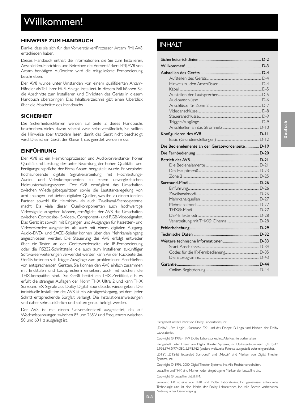 Willkommen, Inhalt | Arcam AV8 User Manual | Page 87 / 176