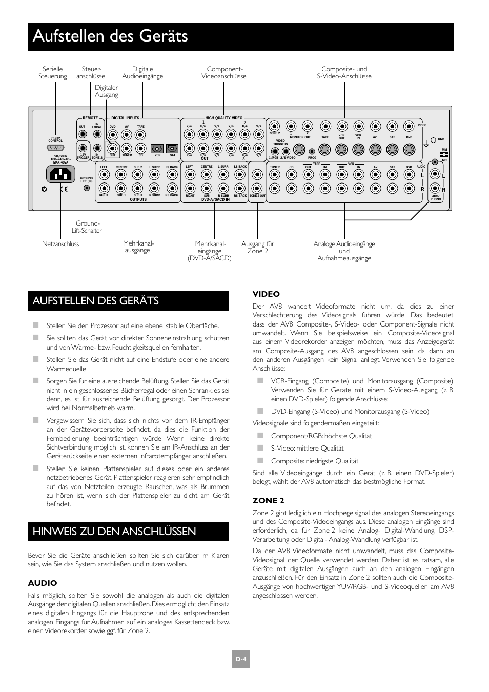 Aufstellen des geräts, Hinweis zu den anschlüssen, D-4 hinweis zu den anschlüssen | Audio, Video, Zone 2, Component/rgb: höchste qualität, S-video: mittlere qualität | Arcam AV8 User Manual | Page 88 / 176