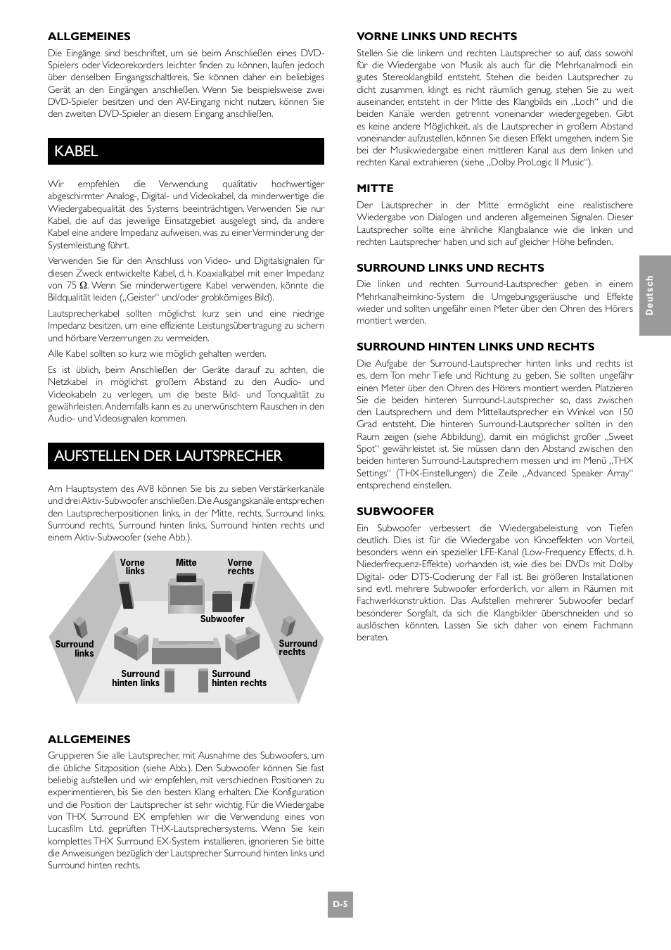 Kabel, Aufstellen der lautsprecher, D-5 aufstellen der lautsprecher | Arcam AV8 User Manual | Page 89 / 176