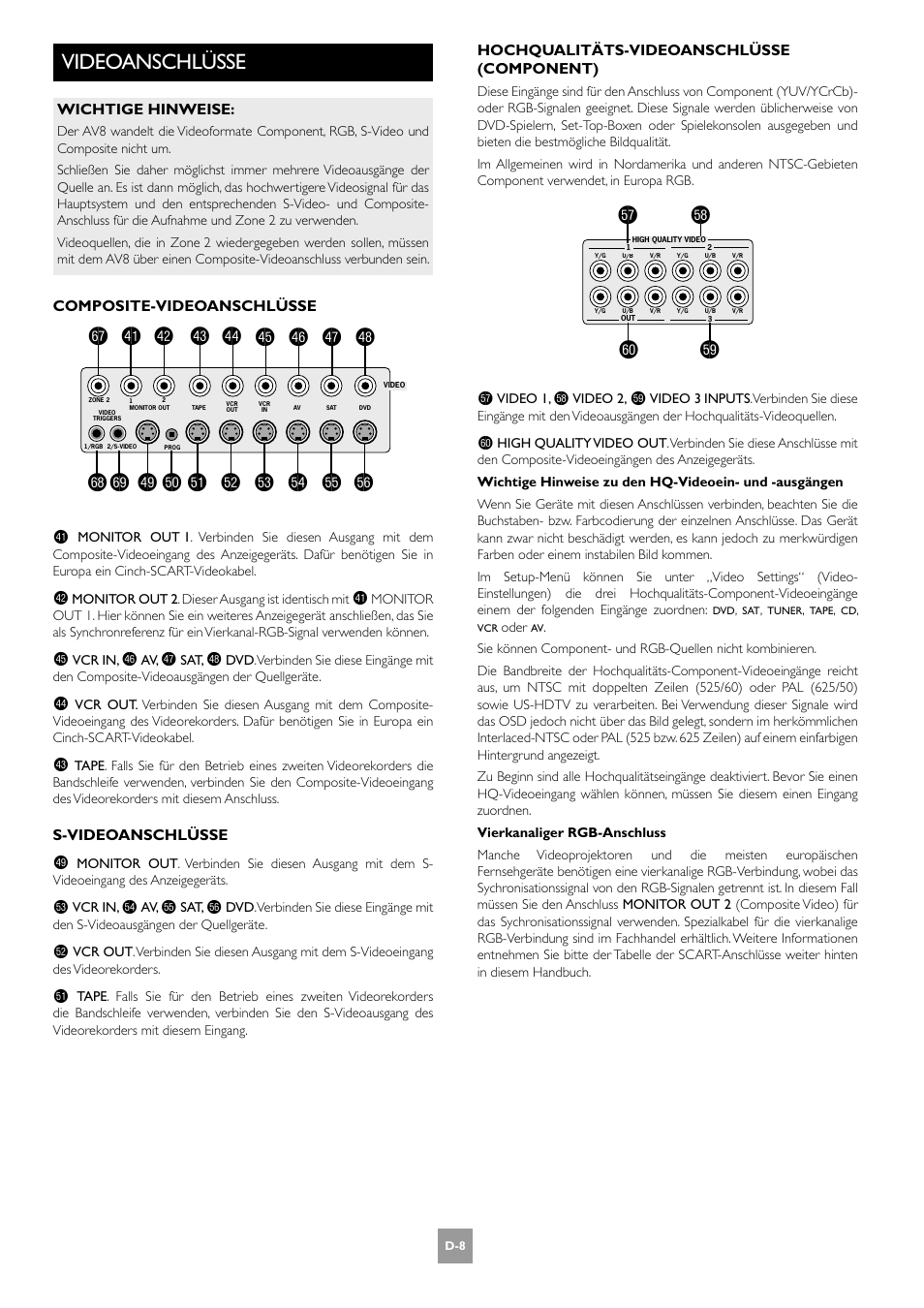 Videoanschlüsse, El em en eo gr eq er es ep fl fm fn fo fp fq et gs, Fk gt | Fs ft gk | Arcam AV8 User Manual | Page 92 / 176