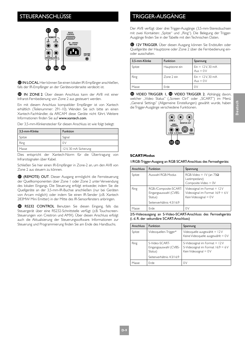 Steueranschlüsse, Trigger-ausgänge, D-9 trigger-ausgänge | Gl gn gm go, Gsgt | Arcam AV8 User Manual | Page 93 / 176