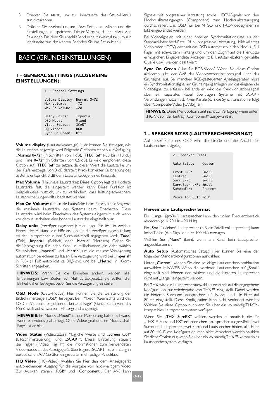 Basic (grundeinstellungen), D-12 | Arcam AV8 User Manual | Page 96 / 176