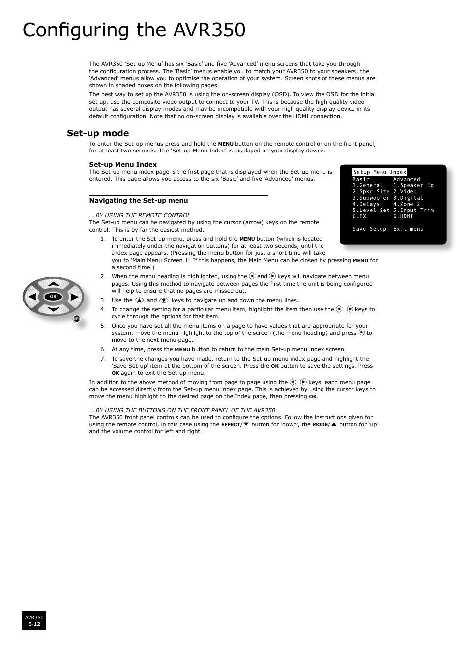 Configuring the avr350, Set-up mode | Arcam Surround Sound Receiver AVR350 User Manual | Page 12 / 48