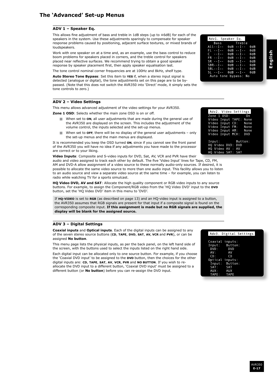 The ‘advanced’ set-up menus | Arcam Surround Sound Receiver AVR350 User Manual | Page 17 / 48