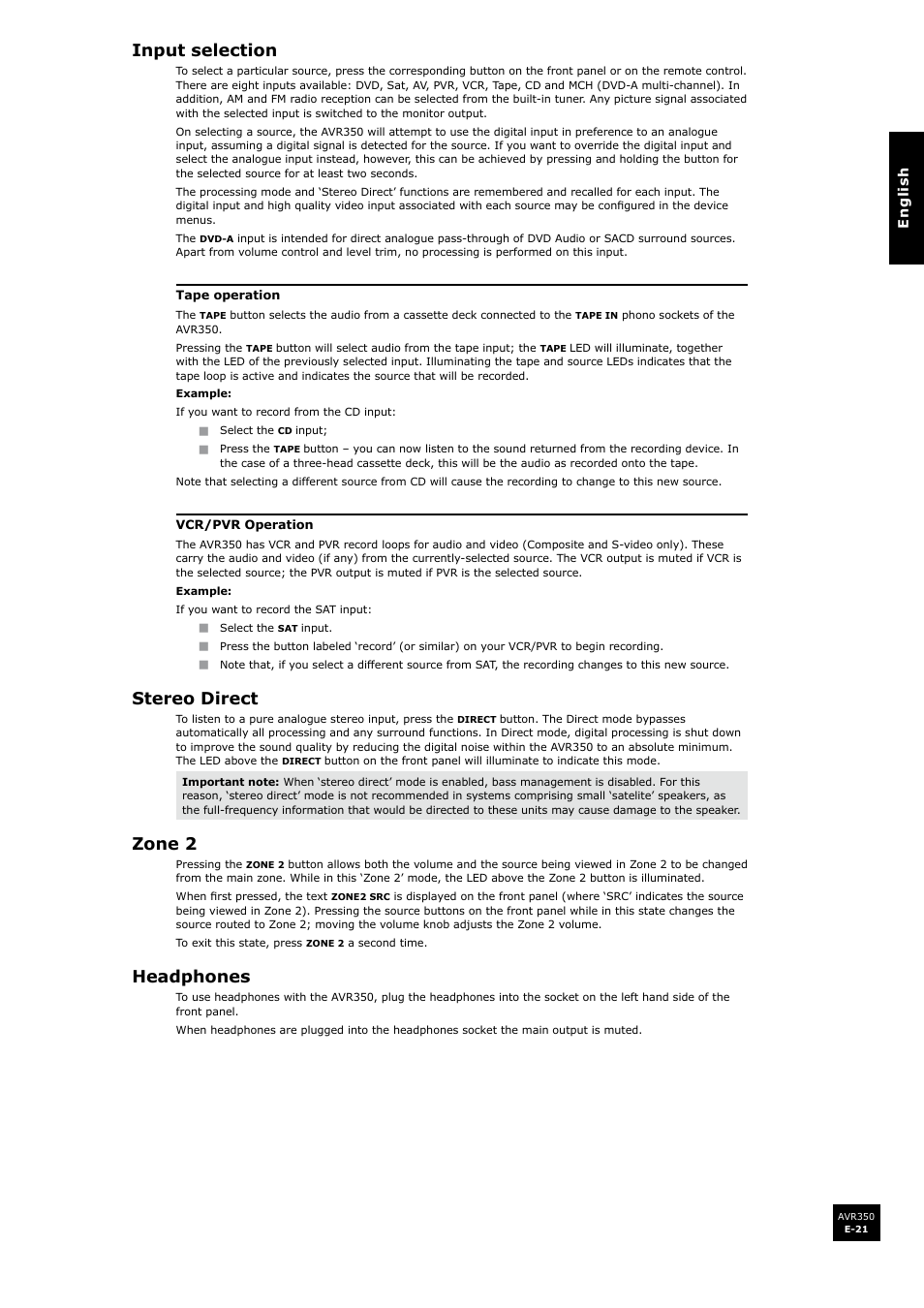 Input selection, Stereo direct, Zone 2 | Headphones | Arcam Surround Sound Receiver AVR350 User Manual | Page 21 / 48