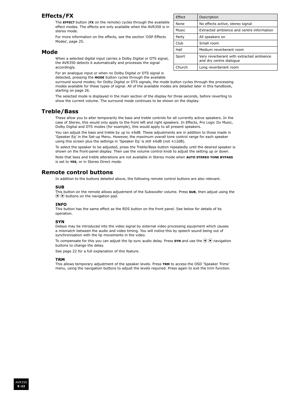 Effects/fx, Mode, Treble/bass | Remote control buttons | Arcam Surround Sound Receiver AVR350 User Manual | Page 22 / 48