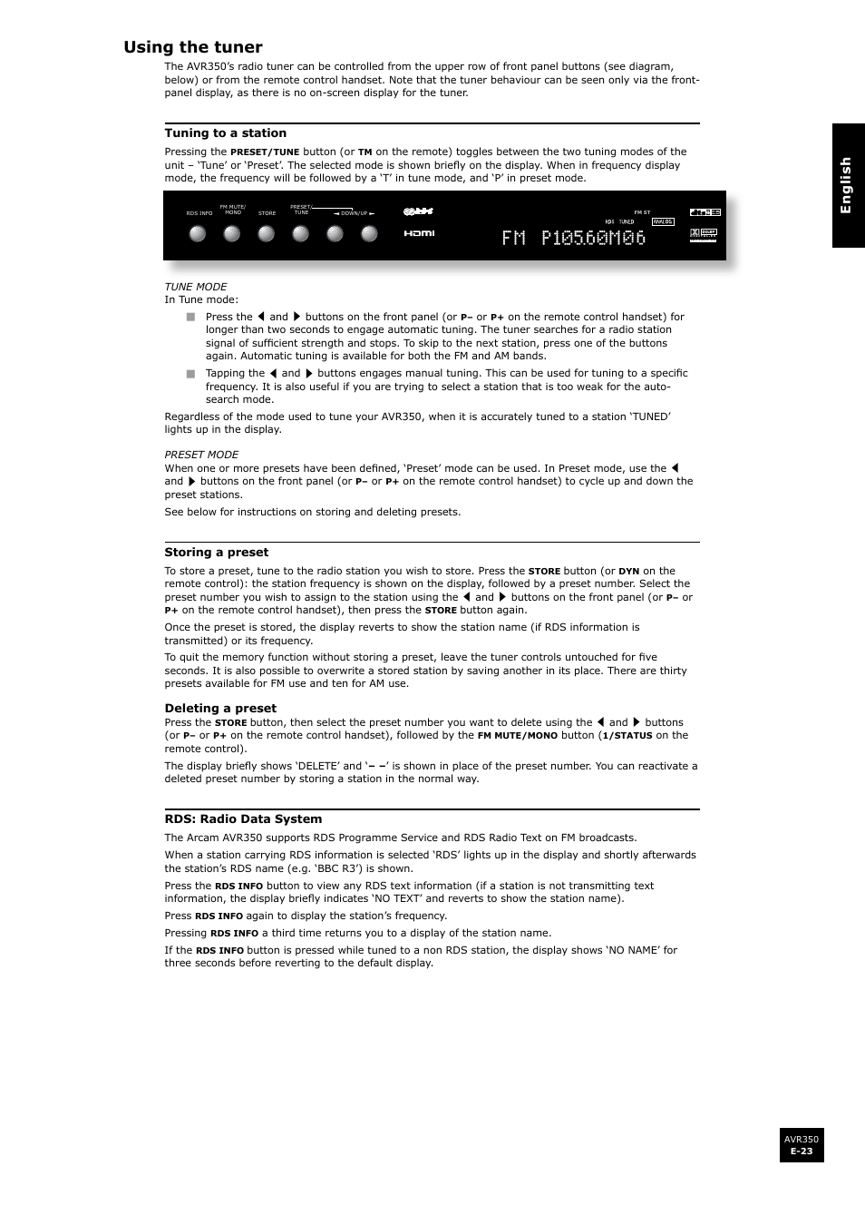 Using the tuner | Arcam Surround Sound Receiver AVR350 User Manual | Page 23 / 48