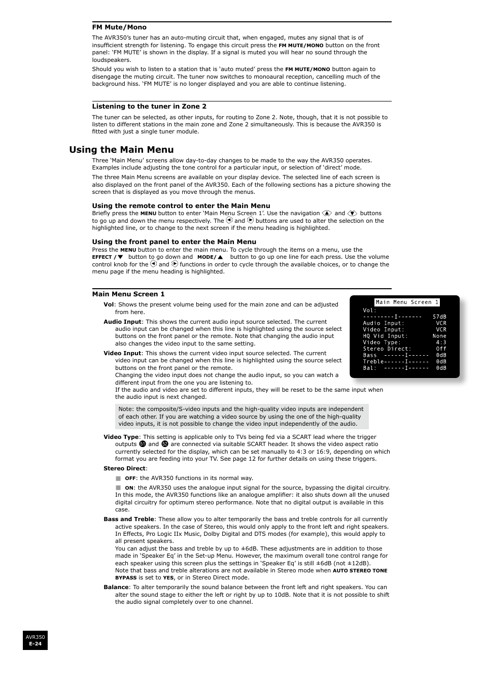 Using the main menu | Arcam Surround Sound Receiver AVR350 User Manual | Page 24 / 48