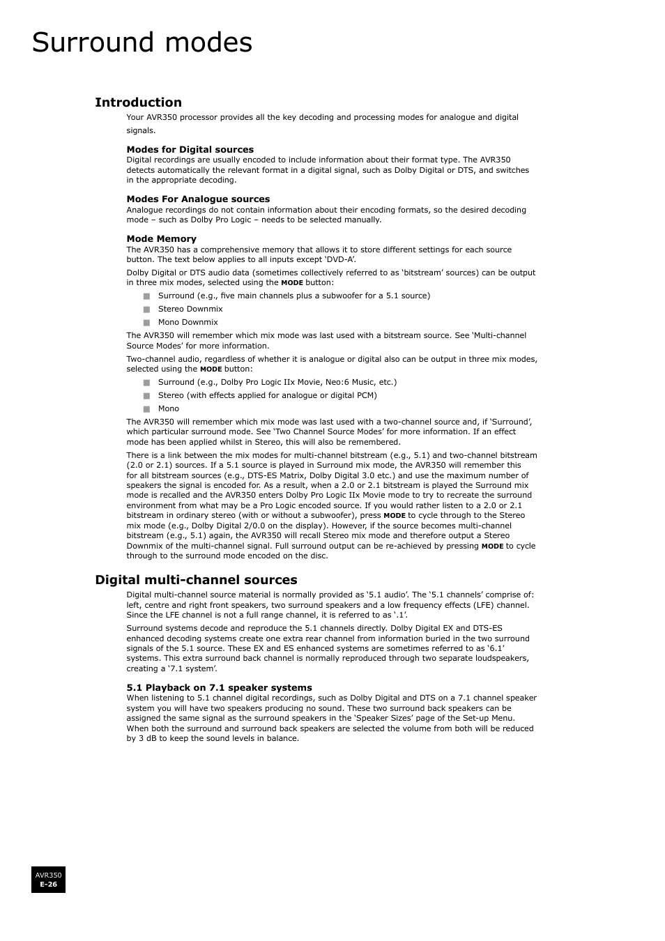 Surround modes, Introduction, Digital multi-channel sources | Arcam Surround Sound Receiver AVR350 User Manual | Page 26 / 48