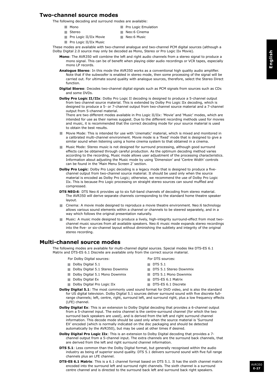 Two-channel source modes, Multi-channel source modes | Arcam Surround Sound Receiver AVR350 User Manual | Page 27 / 48