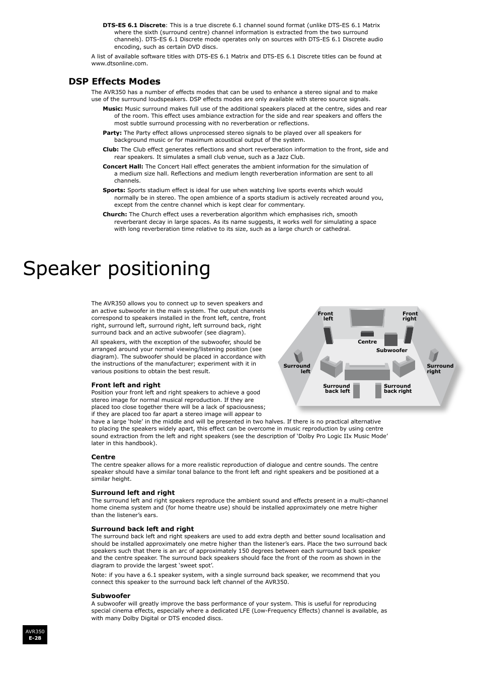 Speaker positioning, Dsp effects modes | Arcam Surround Sound Receiver AVR350 User Manual | Page 28 / 48