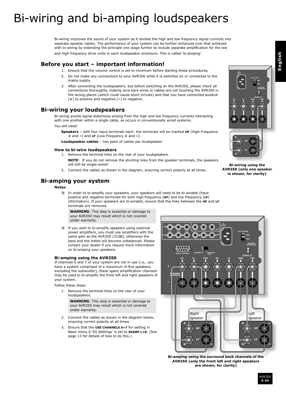 Bi-wiring and bi-amping loudspeakers, Before you start – important information, Bi-wiring your loudspeakers | Bi-amping your system, En g li s h | Arcam Surround Sound Receiver AVR350 User Manual | Page 29 / 48