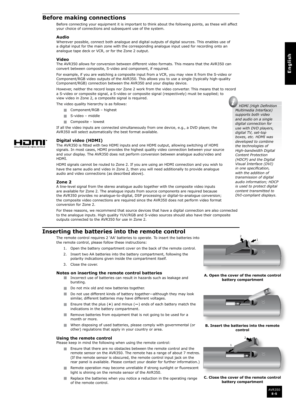 Before making connections, Inserting the batteries into the remote control | Arcam Surround Sound Receiver AVR350 User Manual | Page 5 / 48