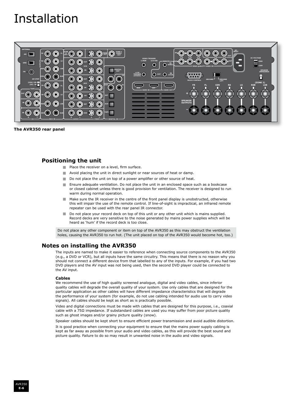 Installation, Positioning the unit, Cables | The avr350 rear panel, Place the receiver on a level, firm surface | Arcam Surround Sound Receiver AVR350 User Manual | Page 6 / 48