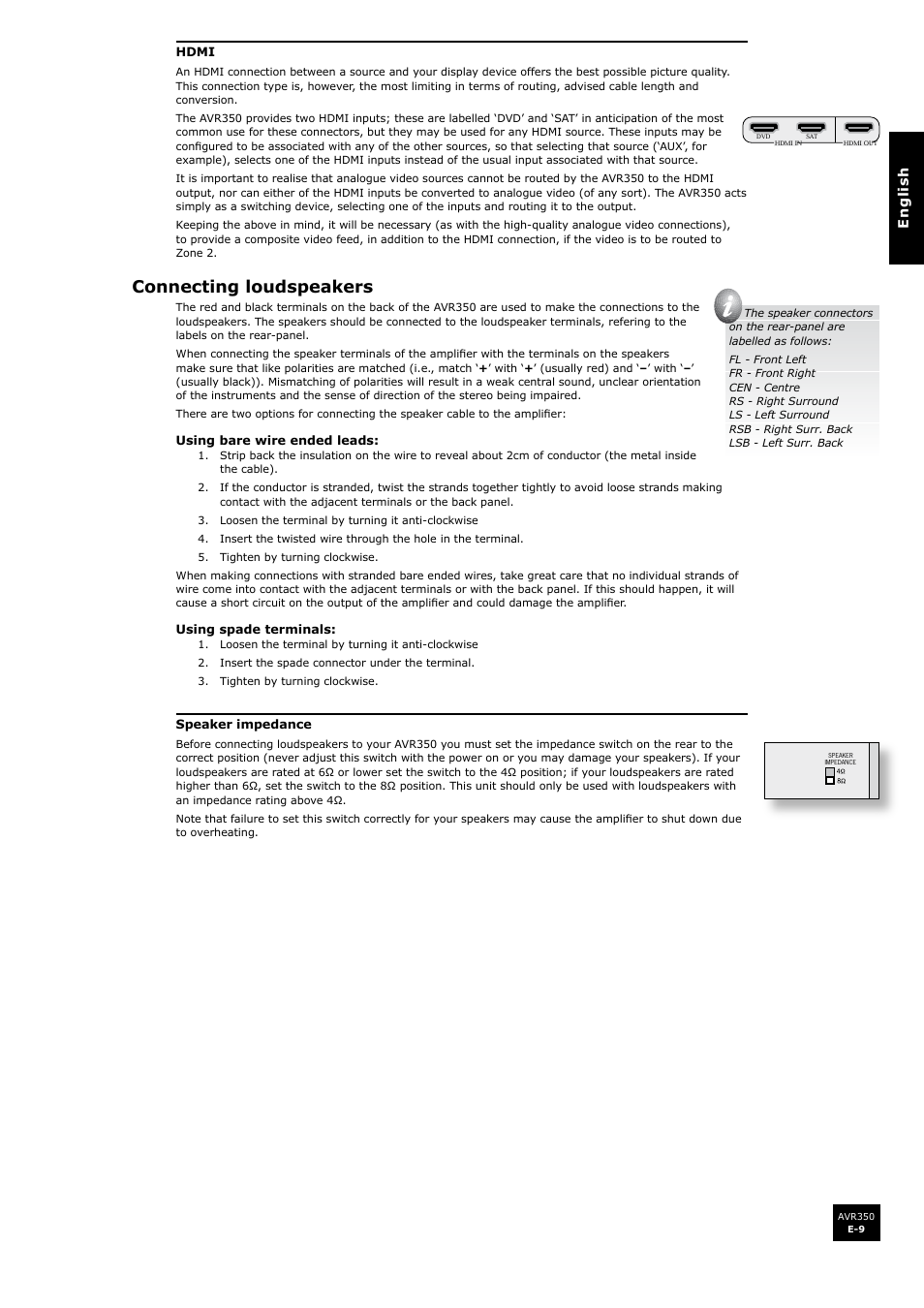 Connecting loudspeakers | Arcam Surround Sound Receiver AVR350 User Manual | Page 9 / 48