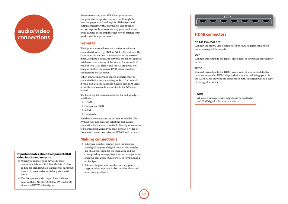 Audio/video connections, General, Making connections | Hdmi connectors | Arcam FMJ AVR600 User Manual | Page 10 / 68