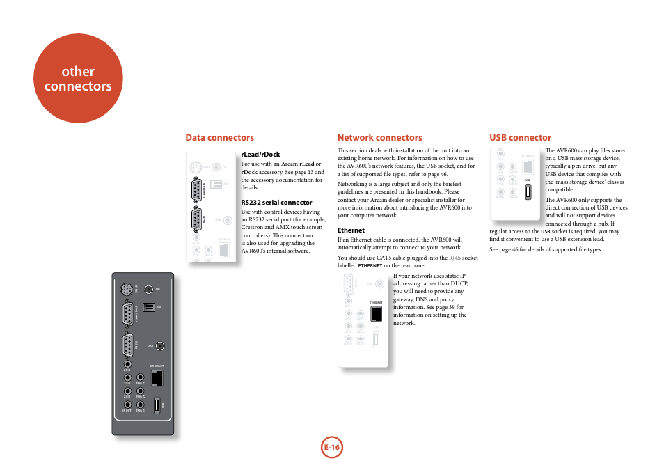 Other connectors, Data connectors, Network connectors | Usb connector, E-16, Rlead/rdock, Rs232 serial connector, Ethernet | Arcam FMJ AVR600 User Manual | Page 18 / 68