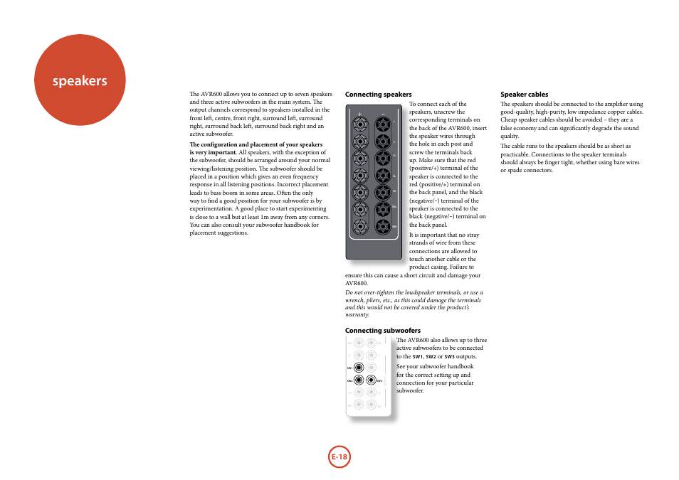 Speakers, E-18 | Arcam FMJ AVR600 User Manual | Page 20 / 68