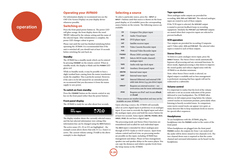 Operation, Operating your avr600, Switching on | Selecting a source | Arcam FMJ AVR600 User Manual | Page 22 / 68