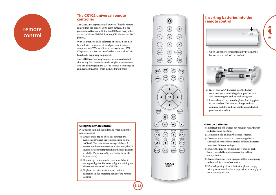 Remote control, The cr102 universal remote controller | Arcam FMJ AVR600 User Manual | Page 25 / 68