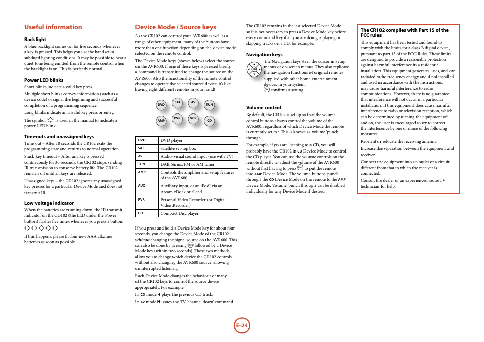 Useful information, Device mode / source keys | Arcam FMJ AVR600 User Manual | Page 26 / 68