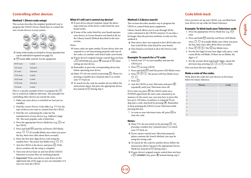 English controlling other devices, Code blink-back | Arcam FMJ AVR600 User Manual | Page 27 / 68