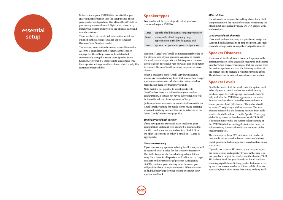 Essential setup, Speaker types, Speaker distances | Speaker levels | Arcam FMJ AVR600 User Manual | Page 34 / 68