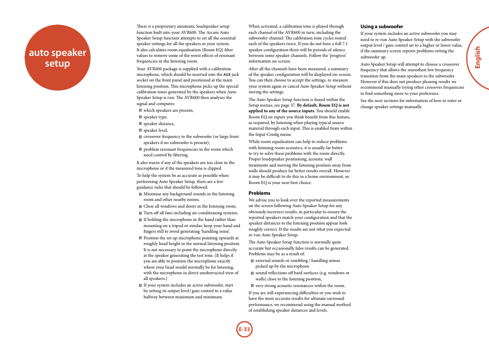 Auto speaker setup, English | Arcam FMJ AVR600 User Manual | Page 35 / 68