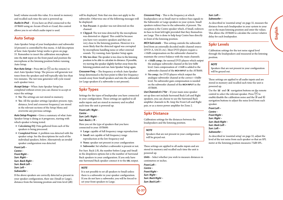 English, Auto setup, Spkr types | Spkr distance, Spkr levels | Arcam FMJ AVR600 User Manual | Page 39 / 68