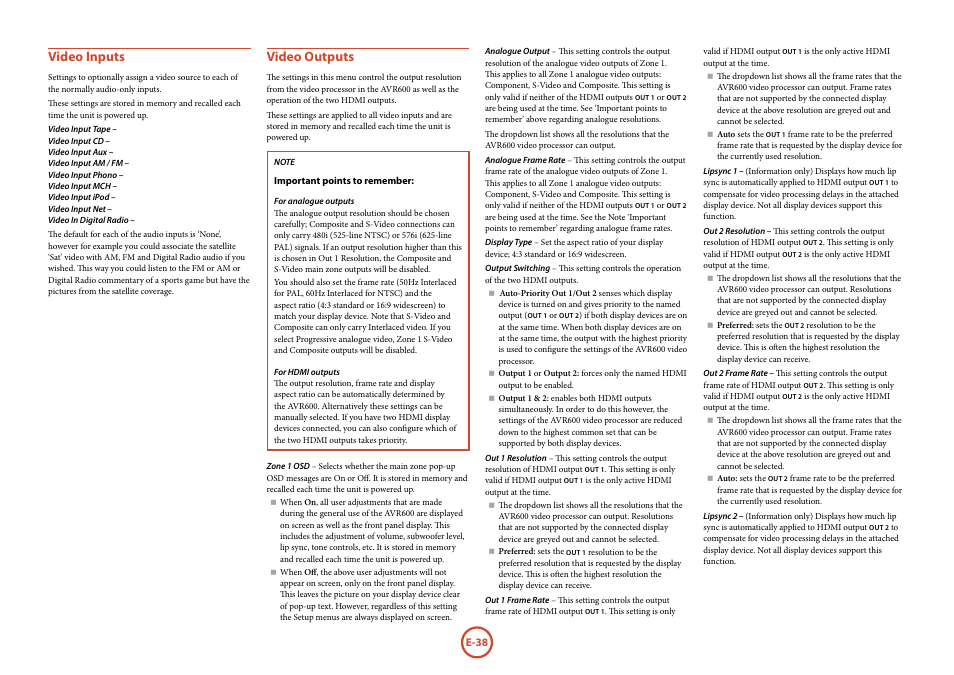 Video inputs, Video outputs | Arcam FMJ AVR600 User Manual | Page 40 / 68