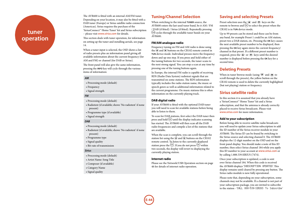 Tuner operation, Tuning/channel selection, Saving and selecting presets | Deleting presets, Sirius satellite radio | Arcam FMJ AVR600 User Manual | Page 46 / 68