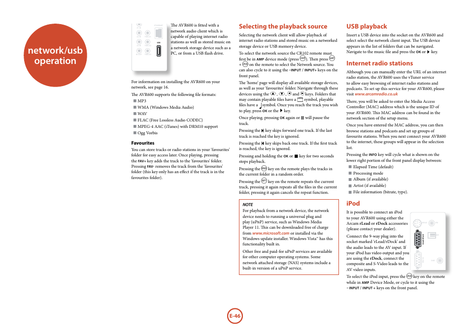 Network/usb operation, Selecting the playback source, Usb playback | Internet radio stations, Ipod | Arcam FMJ AVR600 User Manual | Page 48 / 68
