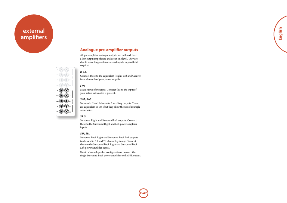 External amplifiers, English, Analogue pre-amplifier outputs | E-47 | Arcam FMJ AVR600 User Manual | Page 49 / 68