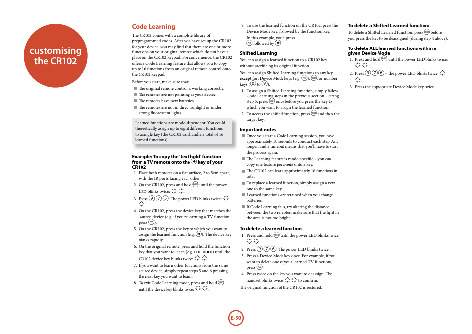 Customising the cr102, Code learning | Arcam FMJ AVR600 User Manual | Page 52 / 68