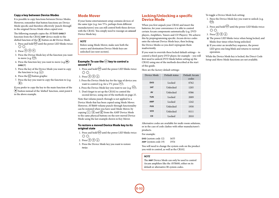 Mode mover, Locking/unlocking a specific device mode | Arcam FMJ AVR600 User Manual | Page 54 / 68