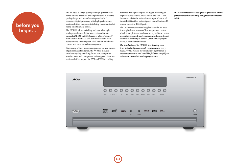 Before you begin | Arcam FMJ AVR600 User Manual | Page 6 / 68