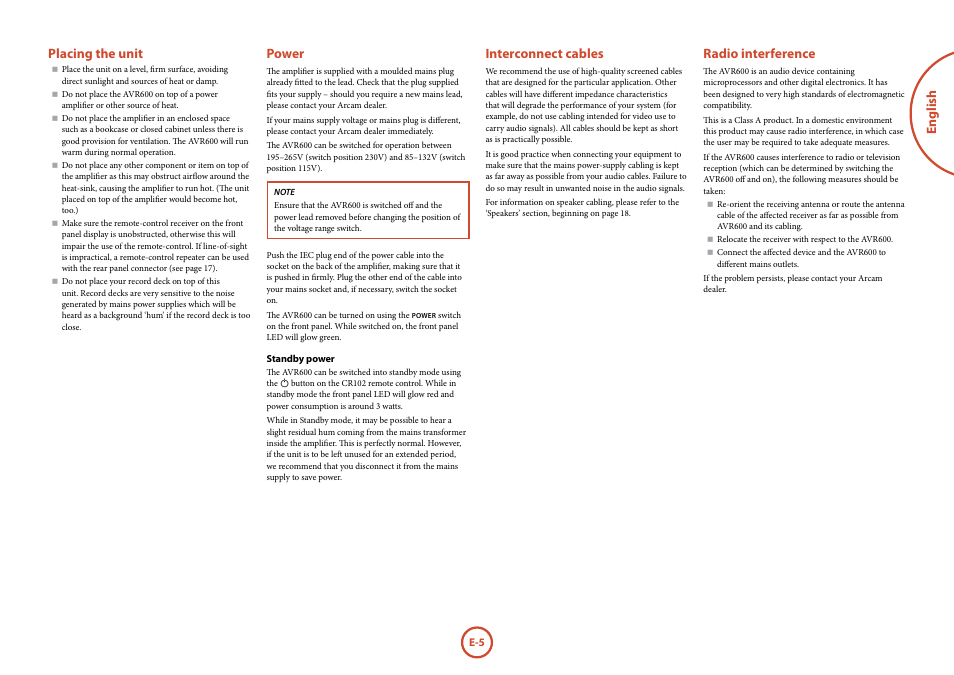 English placing the unit, Power, Interconnect cables | Radio interference | Arcam FMJ AVR600 User Manual | Page 7 / 68