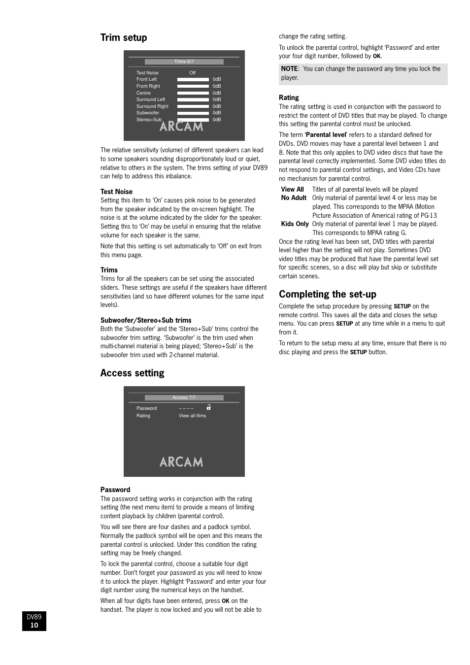 Trim setup, Access setting, Completing the set-up | Arcam DV89 DVD player User Manual | Page 10 / 24