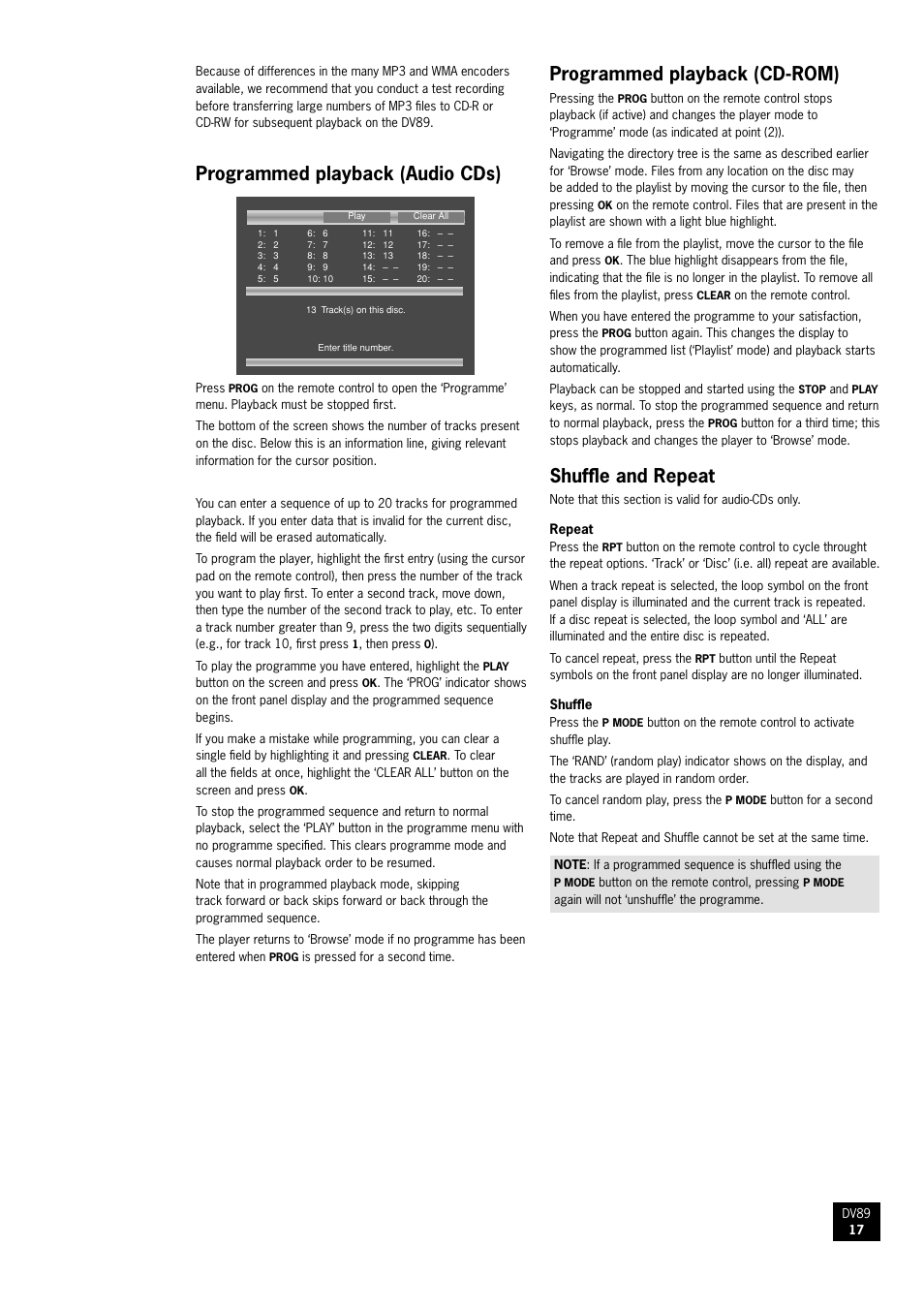 Programmed playback (audio cds), Programmed playback (cd-rom), Shuffle and repeat | Arcam DV89 DVD player User Manual | Page 17 / 24