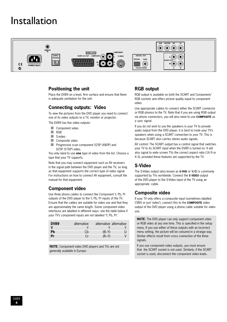 Installation, Positioning the unit, Connecting outputs: video | Component video, Rgb output, S-video, Composite video | Arcam DV89 DVD player User Manual | Page 4 / 24