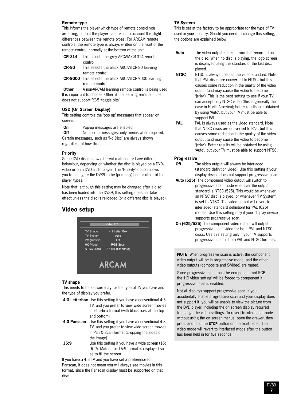 Video setup | Arcam DV89 DVD player User Manual | Page 7 / 24