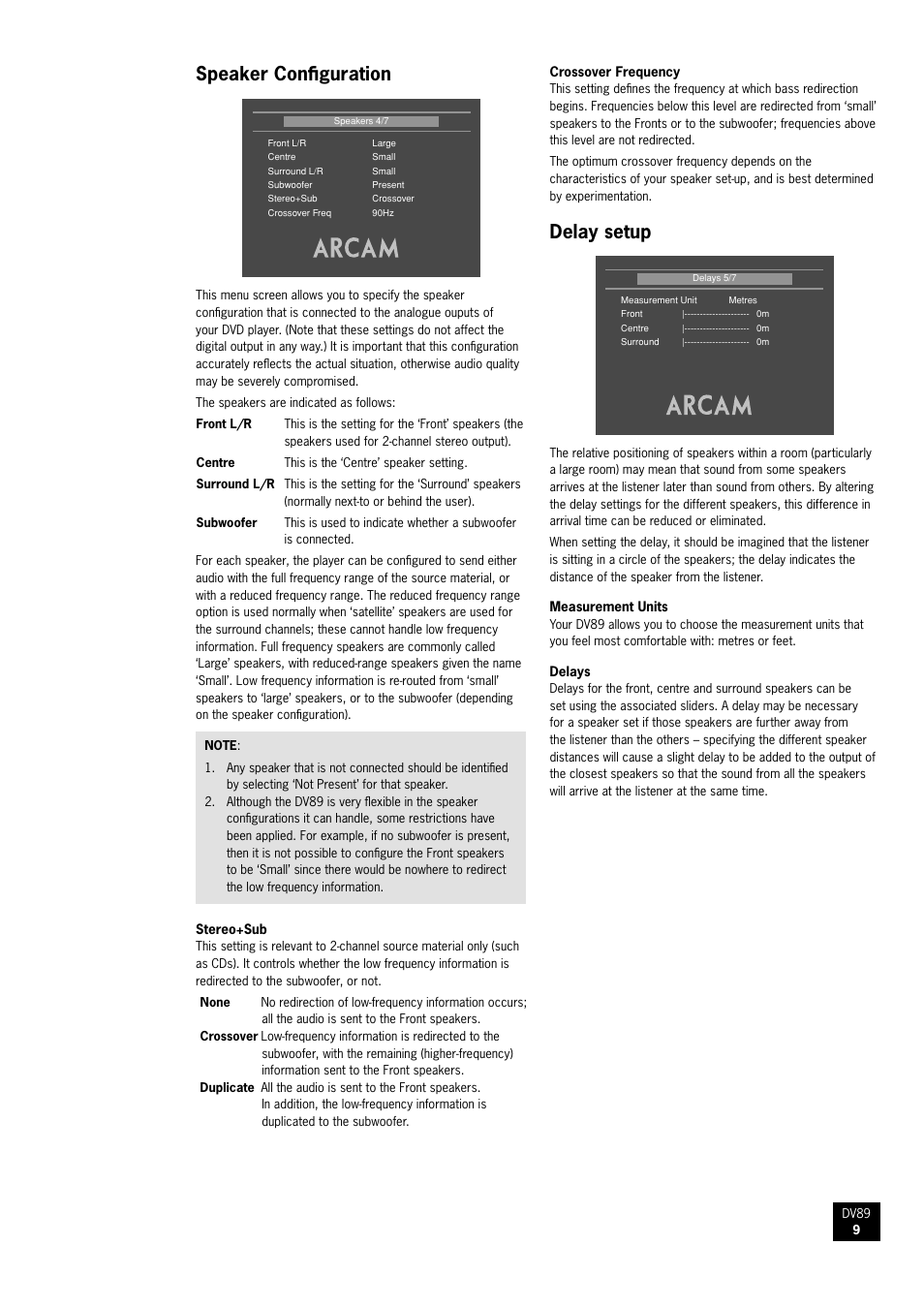 Speaker configuration, Delay setup | Arcam DV89 DVD player User Manual | Page 9 / 24