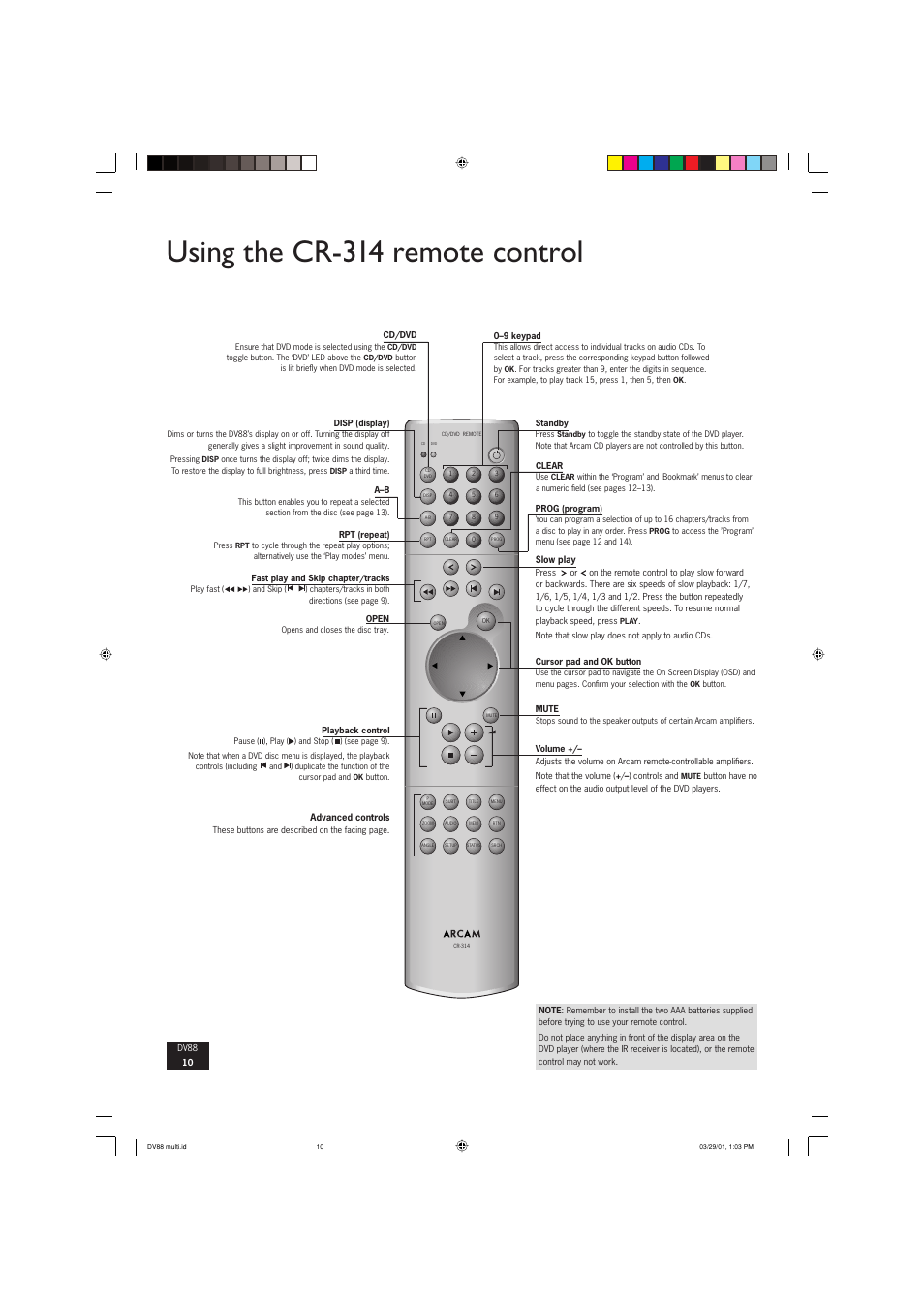Using the cr-314 remote control | Arcam DVD player DV88 User Manual | Page 10 / 18