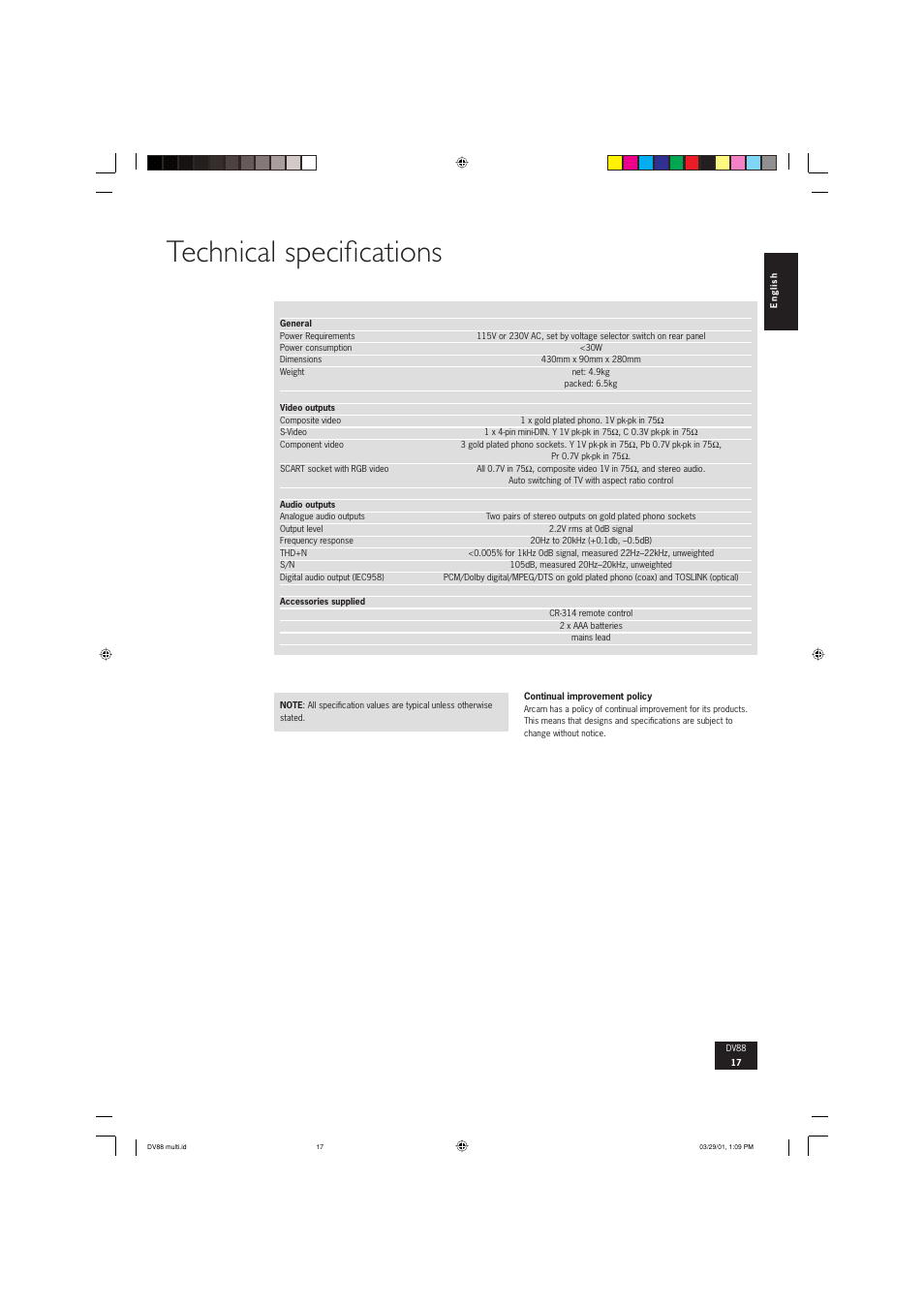 Technical specifi cations | Arcam DVD player DV88 User Manual | Page 17 / 18