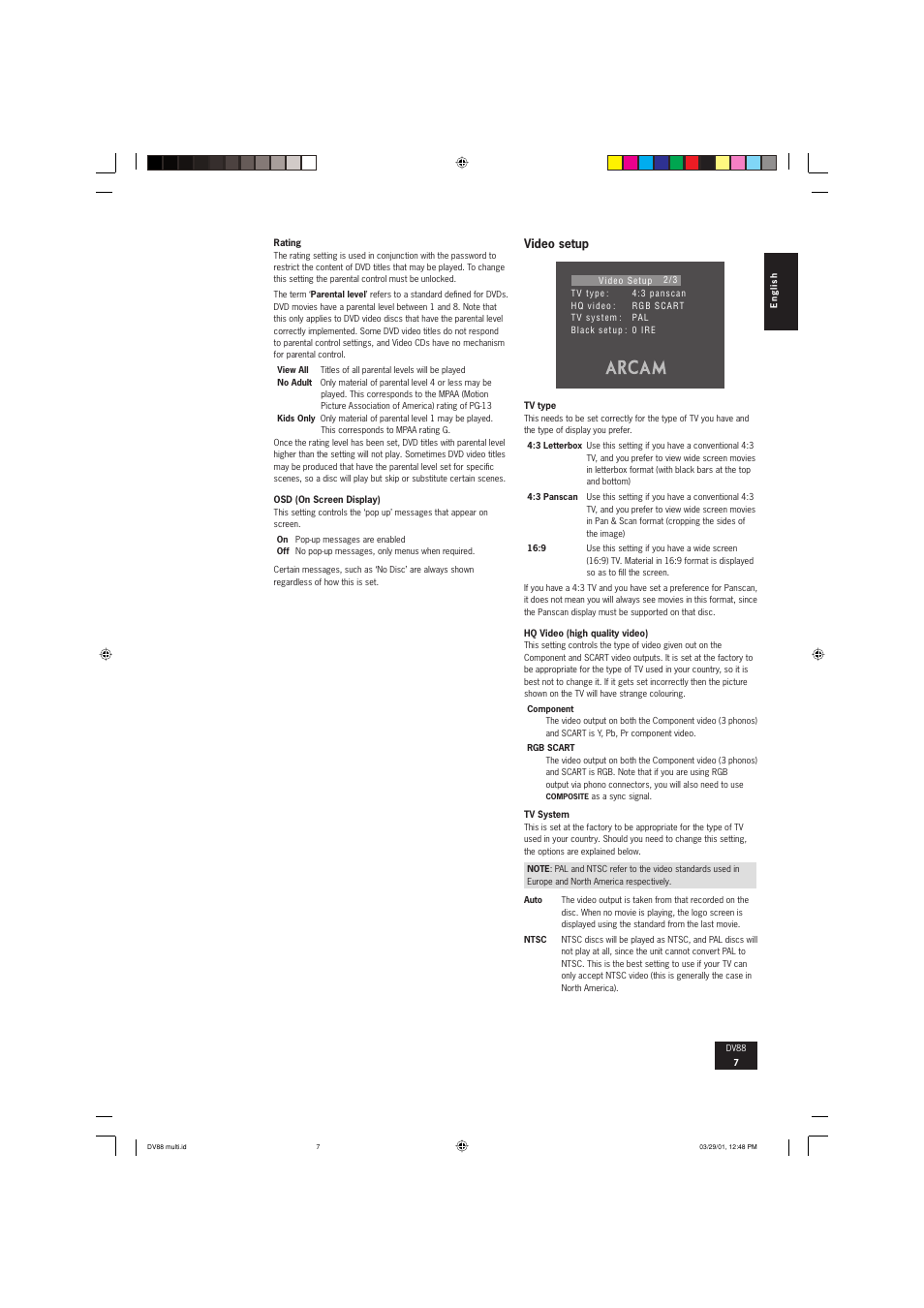 Video setup | Arcam DVD player DV88 User Manual | Page 7 / 18