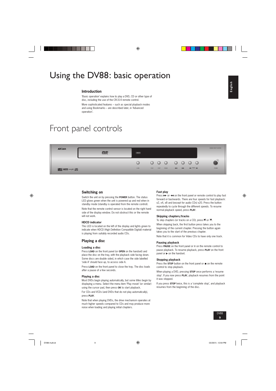 Using the dv88: basic operation, Front panel controls | Arcam DVD player DV88 User Manual | Page 9 / 18